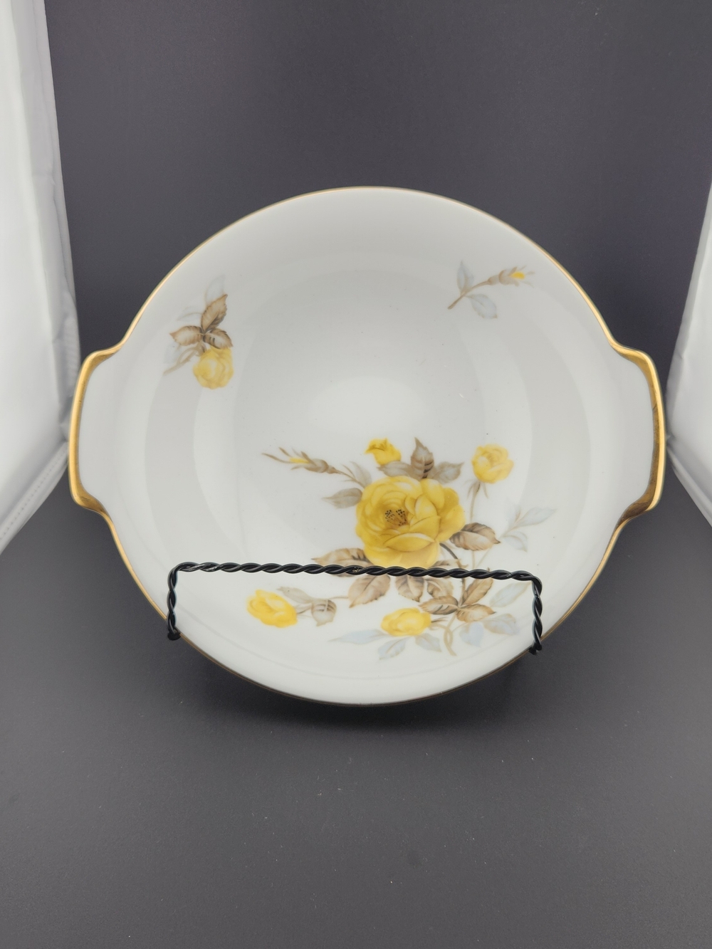 Sango Cotillion White Porcelain Serving Bowl w/Yellow Rose Motif and Gold Trim